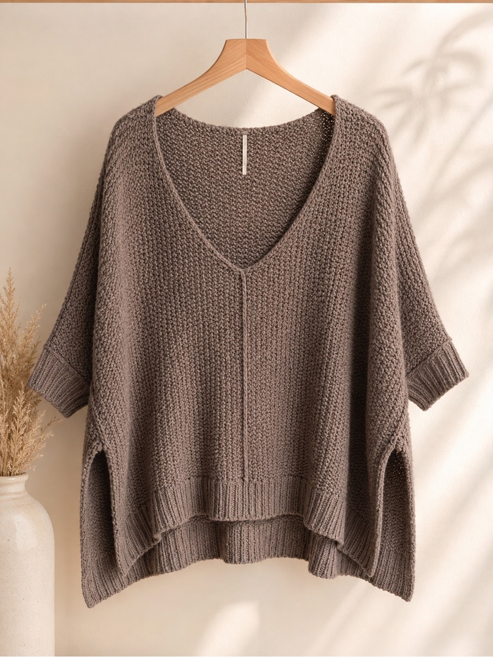 Free People Relaxed V-Neck Chunky Knit Sweater - Taupe
